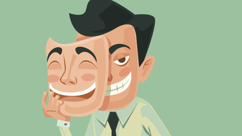 illustratie pesten op het werk man met twee gezichten  illustratie pesten op het werk man met twee gezichten