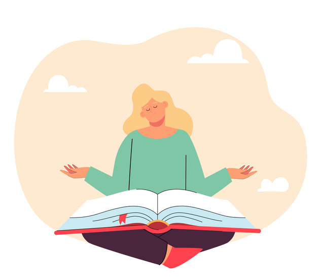 Illustratie van een persoon in kleermakerszit met een boek op schoot