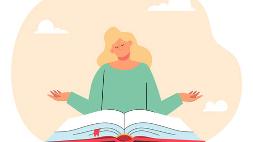 Illustratie van een persoon in kleermakerszit met een boek op schoot Illustratie van een persoon in kleermakerszit met een boek op schoot