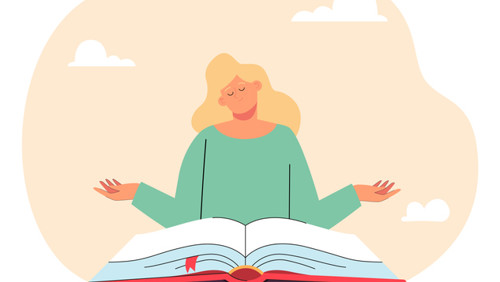 Illustratie van een persoon in kleermakerszit met een boek op schoot Illustratie van een persoon in kleermakerszit met een boek op schoot