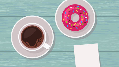 Koffie en donut op tafel Koffie en donut op tafel