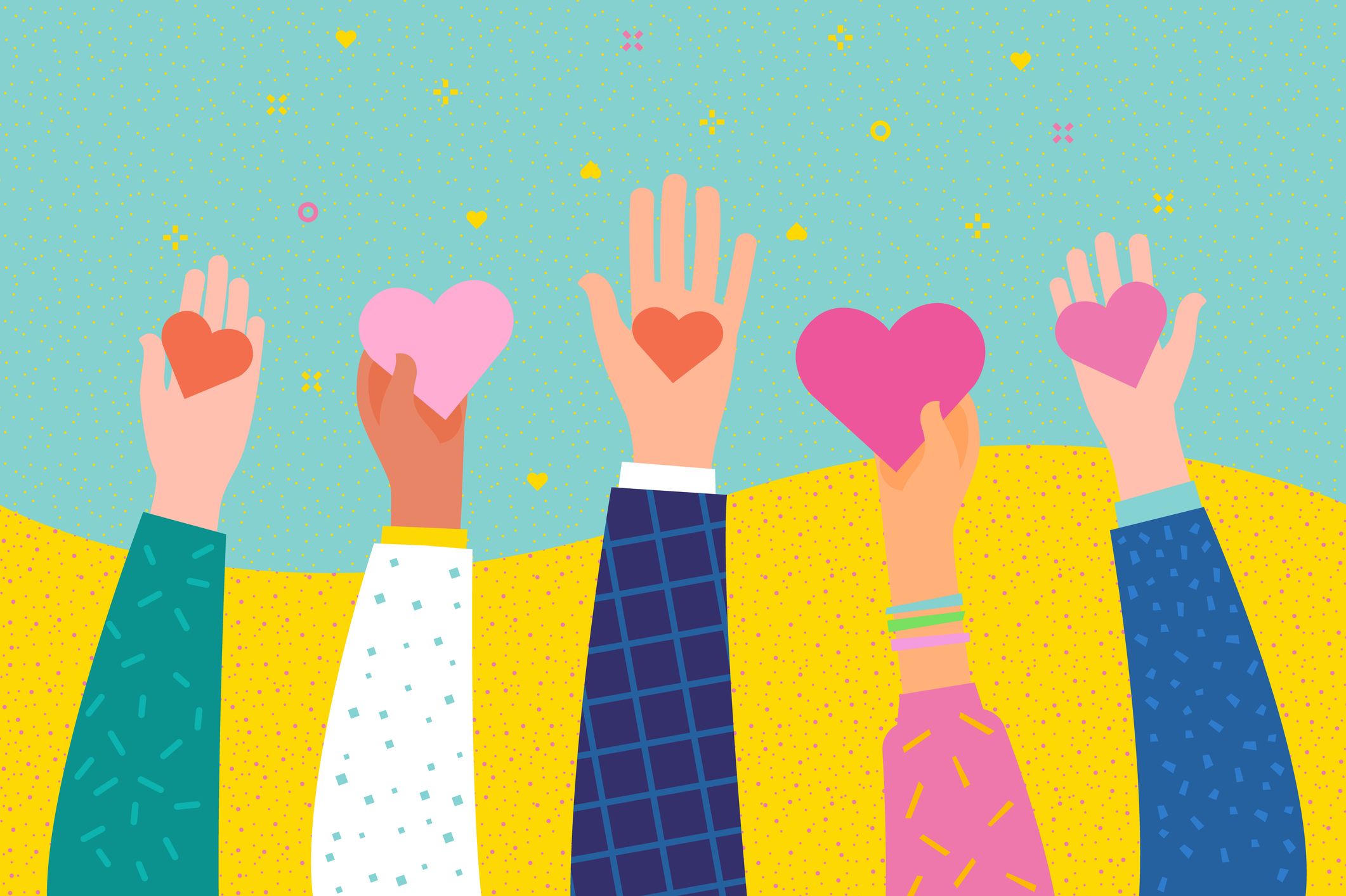 Visual van handen in de lucht die hartjes vasthouden