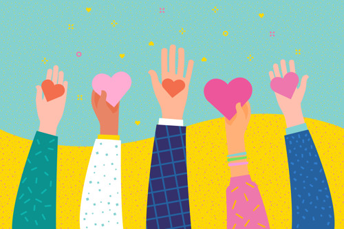 5 handen gevuld met hartjes 